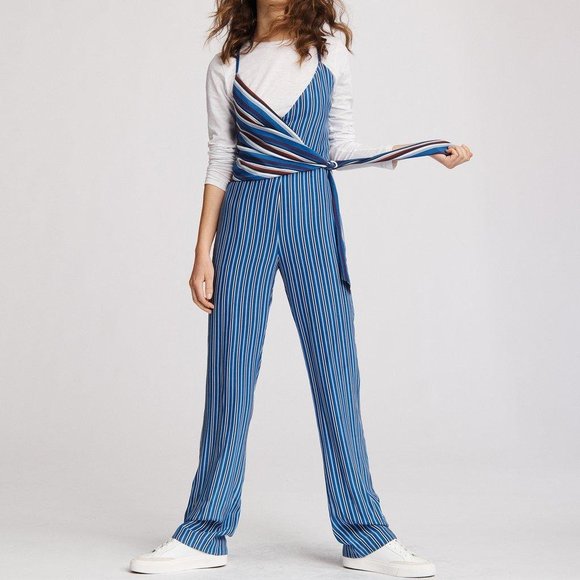 Rag & Bone 100% Silk Red, White, and Blue Striped Felix Wrap Jumpsuit - Picture 1 of 16